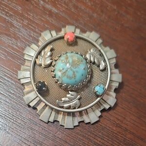 Victorian Etruscan Style Sunburst Faux Coral Turquoise Leaf Brooch Pin Pendant
